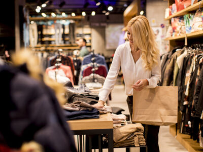 Young woman with shopping bags standing at the clothing store